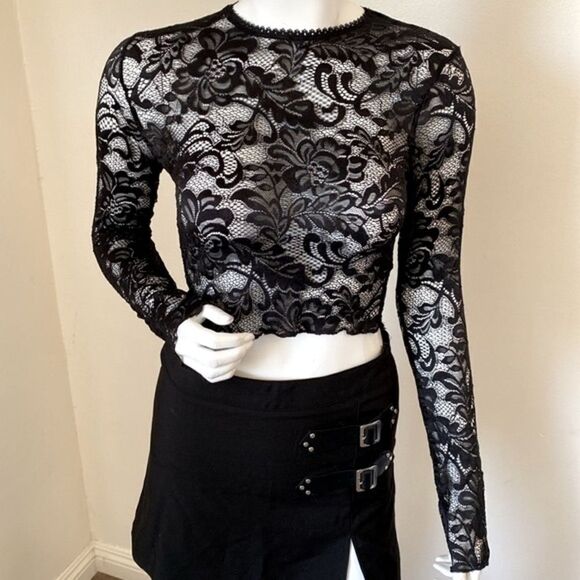 Dolls Kill Brand Current Mood Black Sheer Lace Long Sleeve Layering Top - Picture 3 of 6